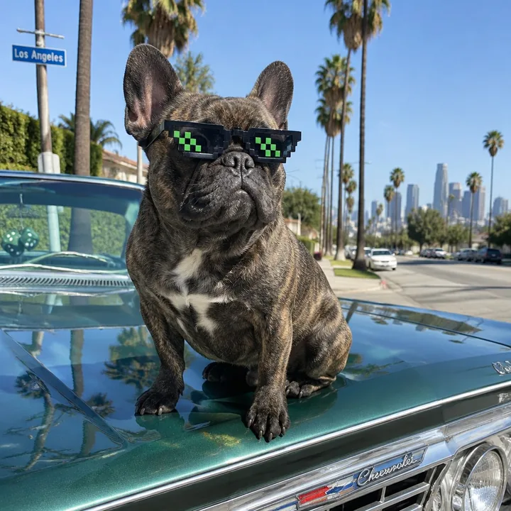 Example: a brindle French bulldog in the $GOOD shades, sitting on a lowrider