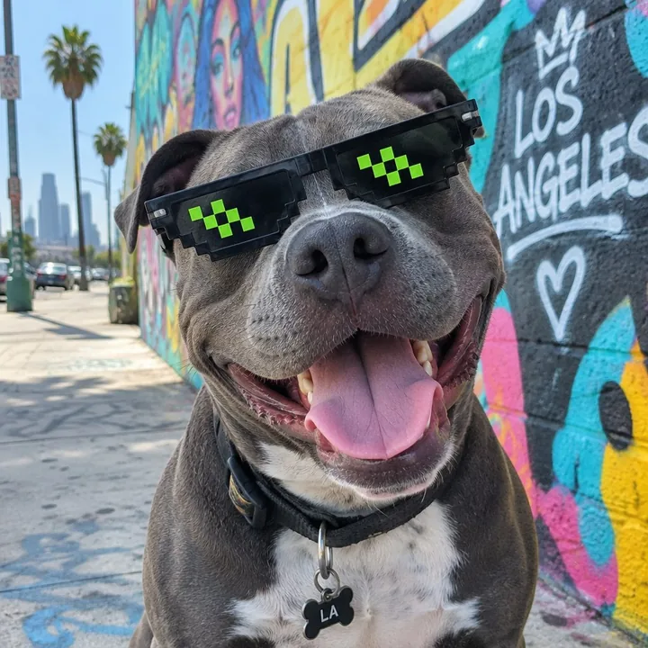 Example: a grey pit bull in the $GOOD shades in front of a graffiti wall