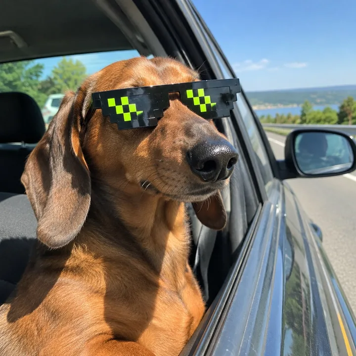 Example: a dachshund in the $GOOD shades riding in a car