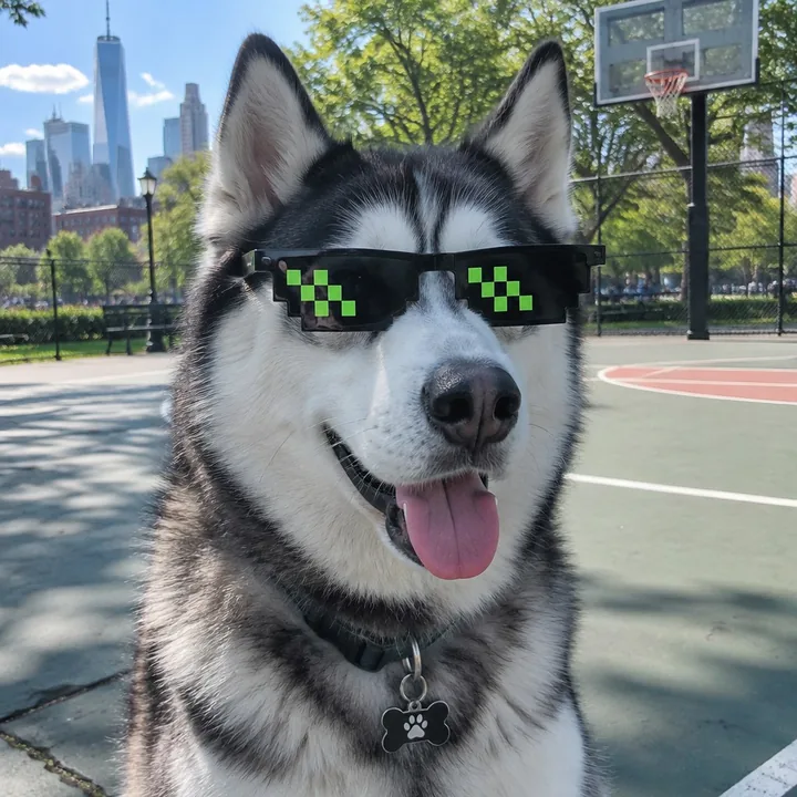 Example: a husky in the $GOOD shades on a basketball court