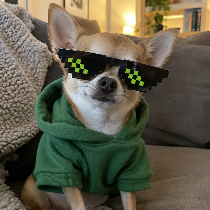 Example: a chihuahua in a green hoodie and the $GOOD shades