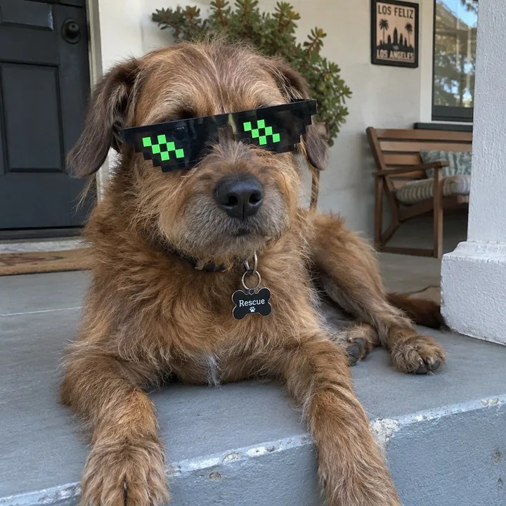 Example: a scruffy rescue dog in the $GOOD shades on a porch