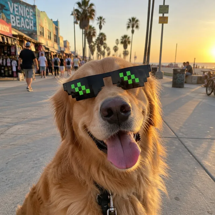 Example: a golden retriever in the $GOOD shades on Venice Beach