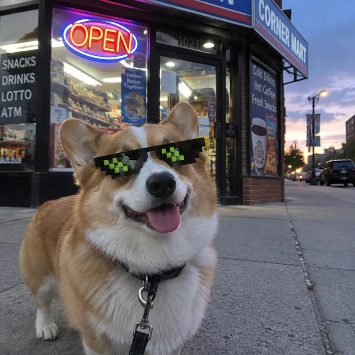 Example: a corgi in the $GOOD shades outside a corner store