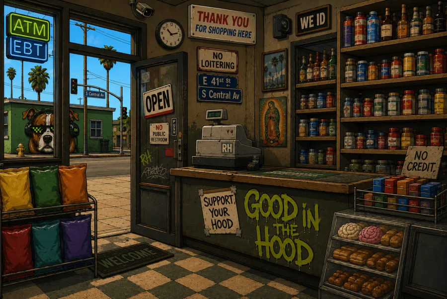 Inside the corner store with a GOOD in the Hood sign