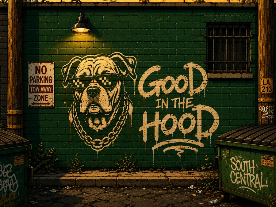 GOOD in the Hood mural on a green brick wall in South Central