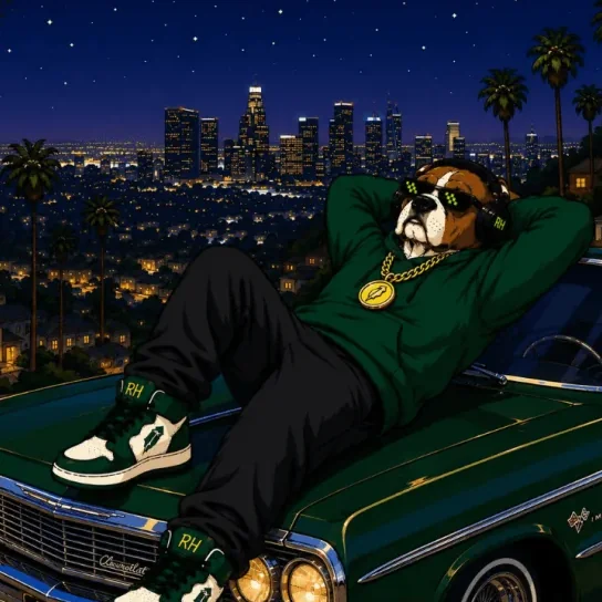 GOOD lying on the hood of his lowrider under the LA skyline